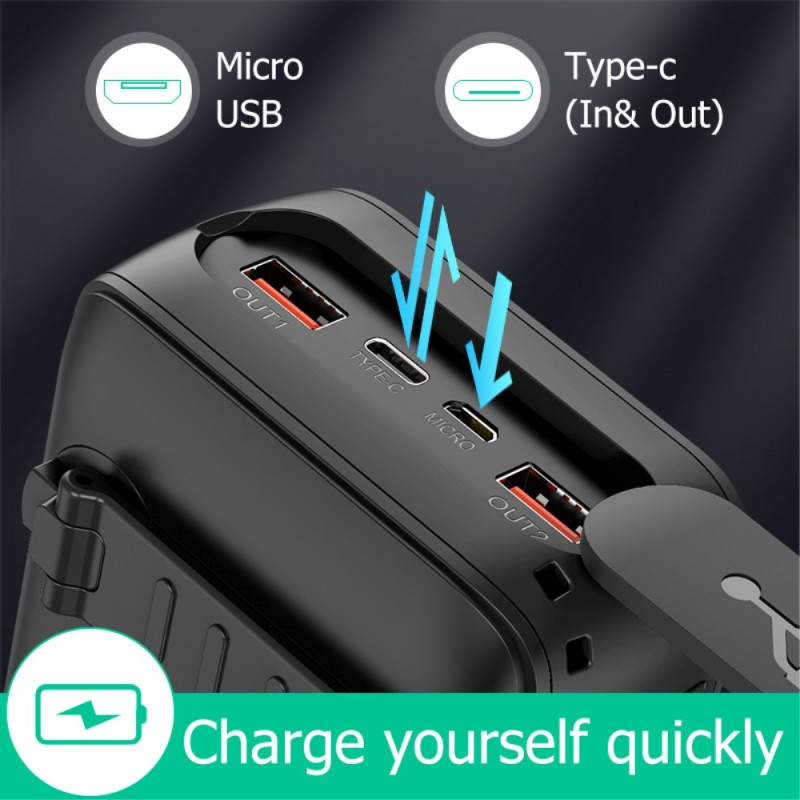 Håndsving 30000mAh Sol PowerBank Lightning/USB - C/Mikrokabel