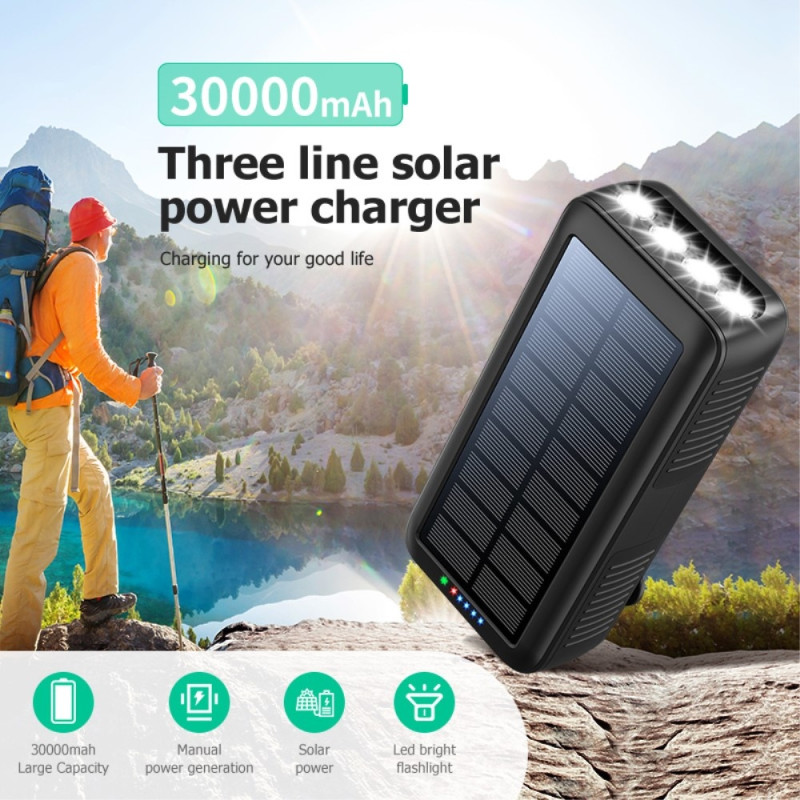 Håndsveiv 30000mAh Solar PowerBank Lightning/USB - C/mikrokabel