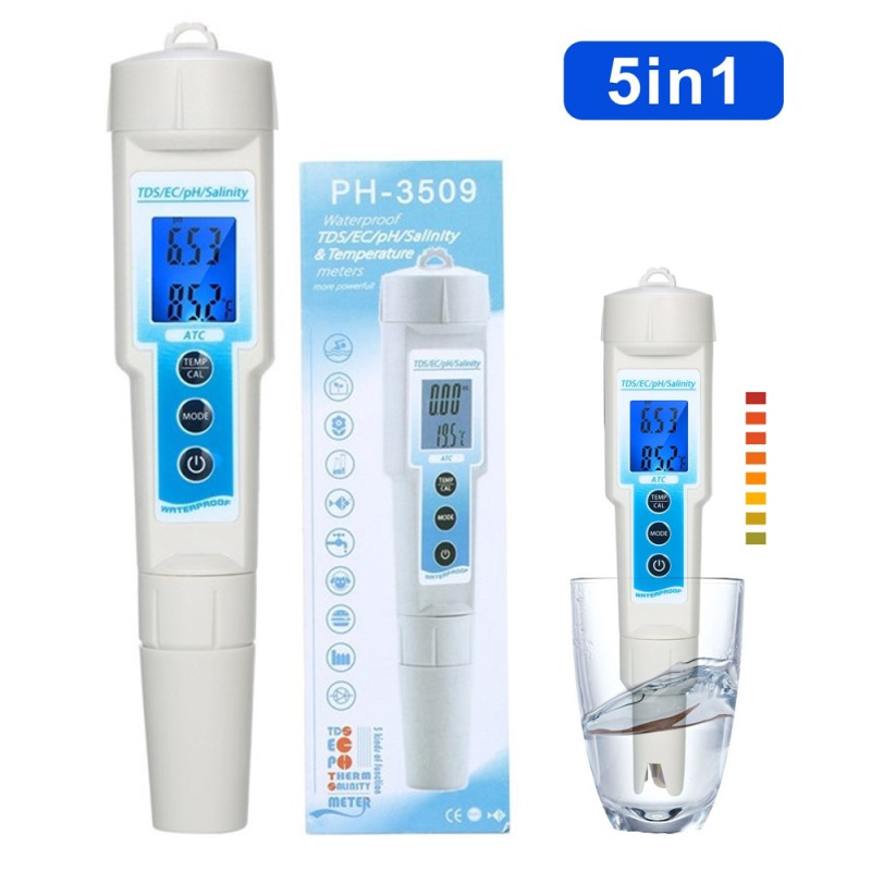 Meter Tester 5 in 1 Water Quality / TDS / EC / pH / Salinity / Temperature