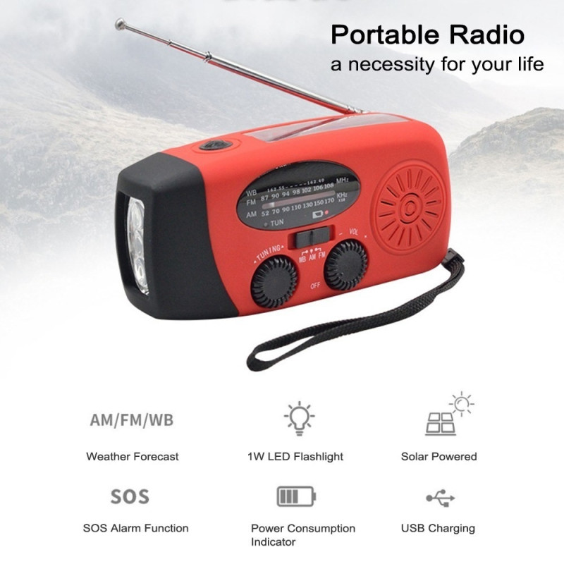 Hand crank Solar FM / AM Radio Flashlight NOAA Power Bank