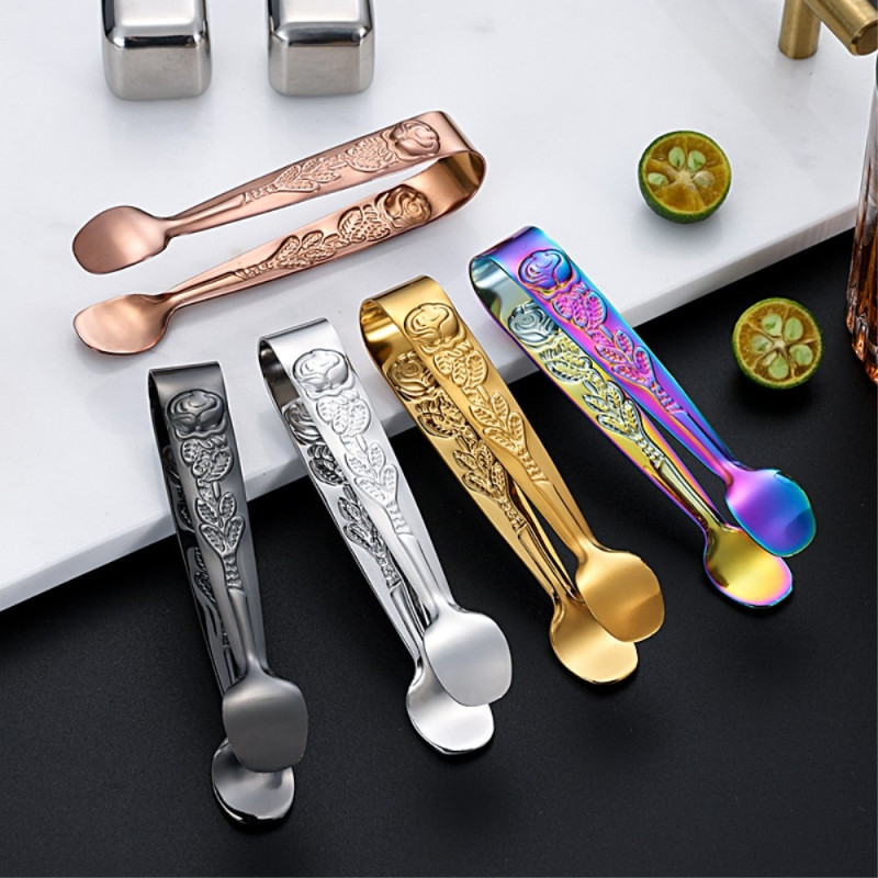 Ice Cube Spoon Tongs rustfrit stål rosemønster mini madtang