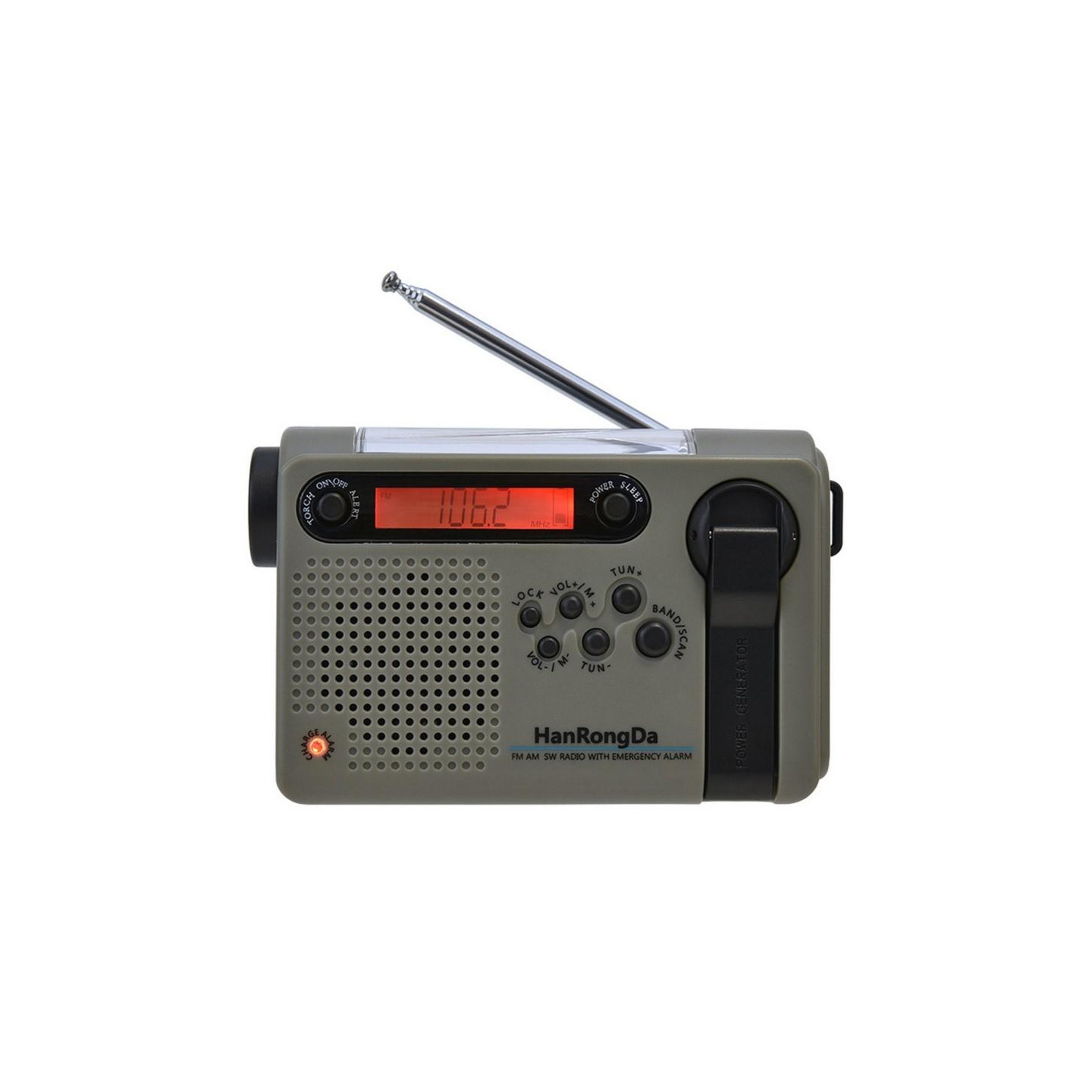 Bærbar radio LED lommelykt 2000mAh batteri SOS håndsveiv soldrevet