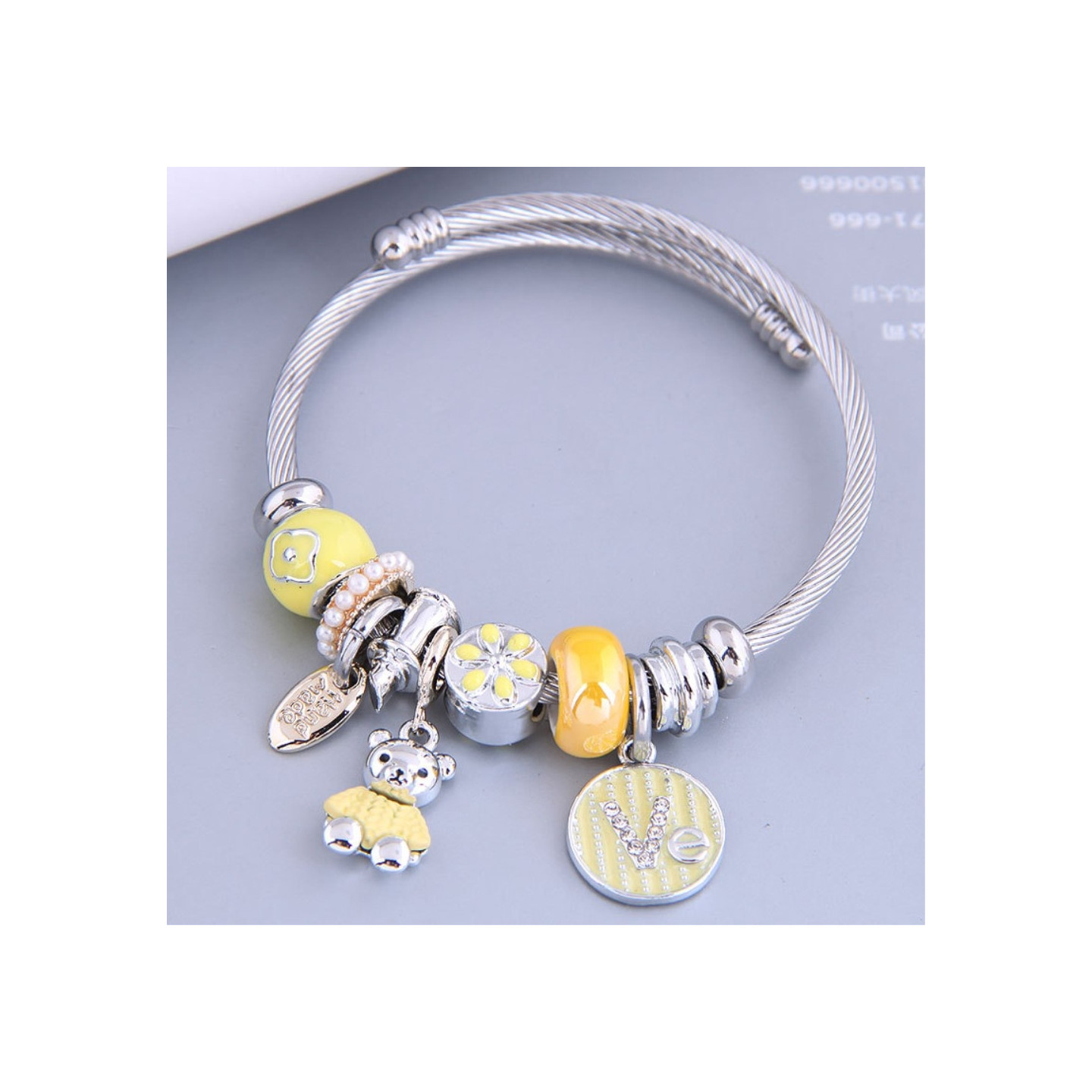 Bear Charm Bracelet with Rhinestone Decor Bangle - Yellow