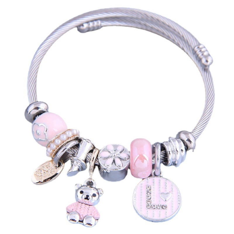 Bear Charm Bracelet with Rhinestone Decor Bangle - Pink