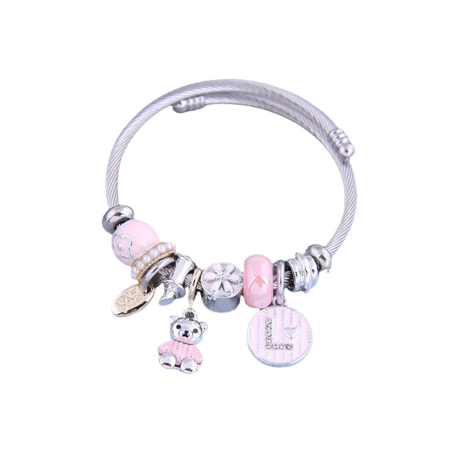 Bear Charm Bracelet with Rhinestone Decor Bangle - Pink