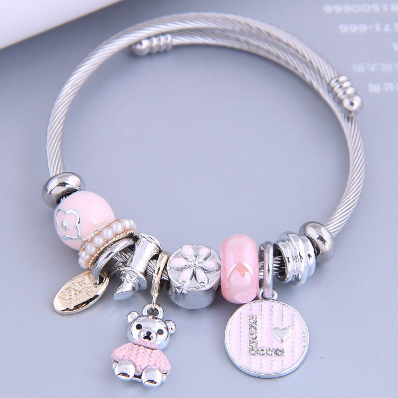 Bear Charm Bracelet with Rhinestone Decor Bangle - Pink