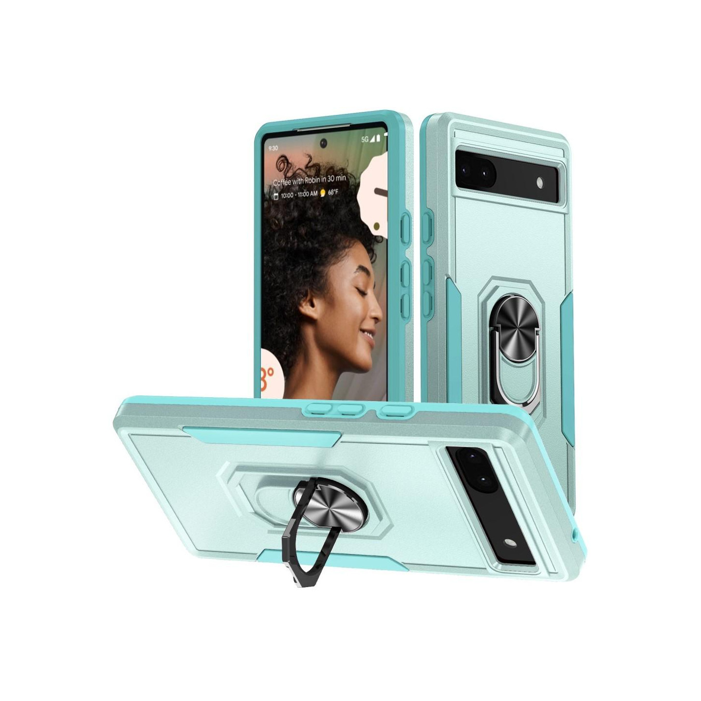 Google Pixel 6A Stødsikker TPU+PC Kickstand Telefontaske Bilmonteret Metalplade - Grøn