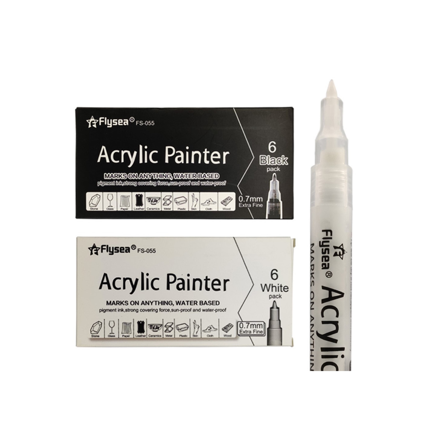 2stk 1 svart 1 hvit akrylfargepenn fargemarkør for glasspapirstein