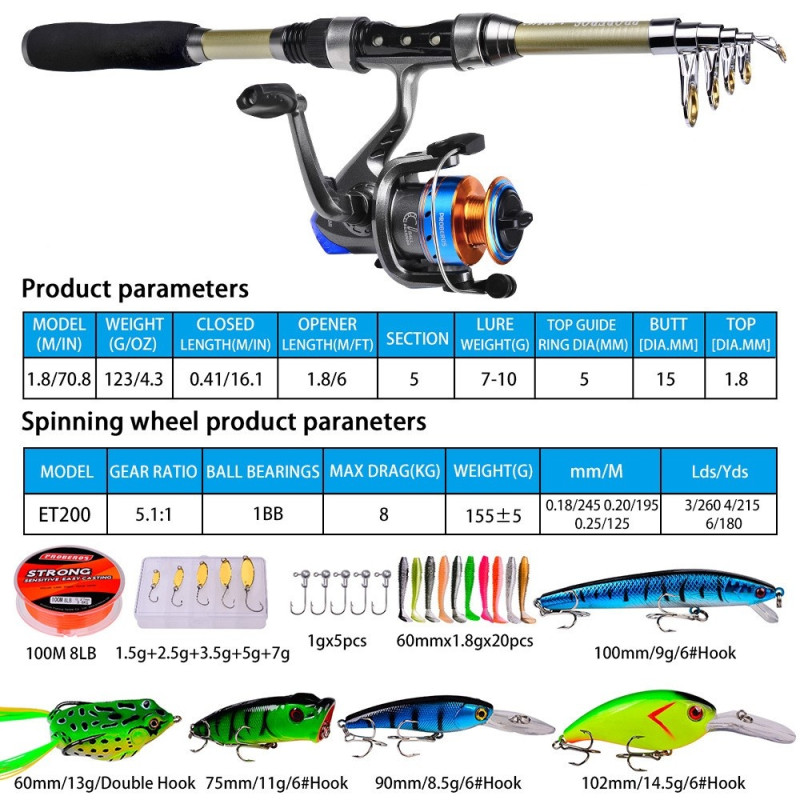 1.8 m Fishing rod Casting rod Spinning rod Combo Set fishing reel baits