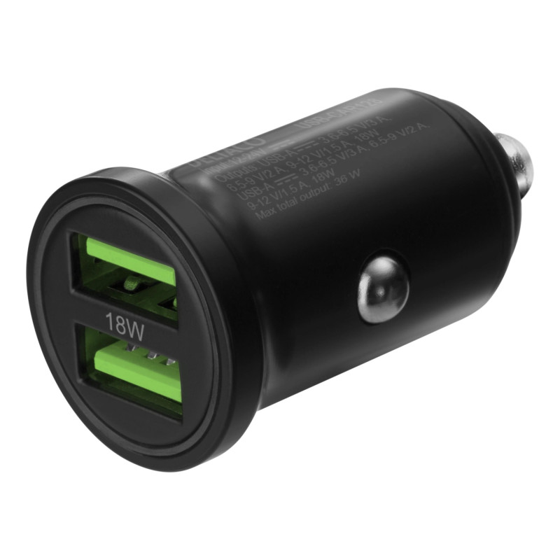 USB - autolaturi, 2x USB - A 18 W, pikalataus yhteensä 36 W