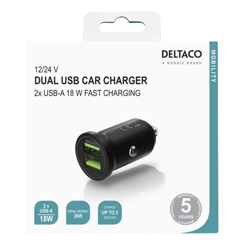USB car charger, 2x USB - A 18 W, fast charging 36 W total