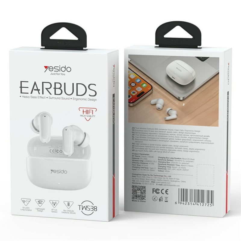 YESIDO Trådløse Hodetelefoner In-Ear Bluetooth Stereo Hodetelefoner Berøringskontroll - Hvit