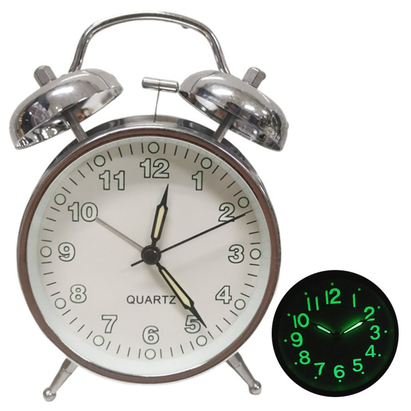 4 Inch Retro Twin Bell Alarm Metal Shell Silent Clock with Light