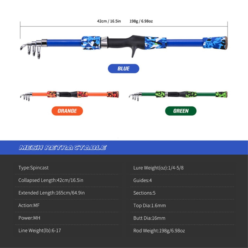 LEO 165 cm retractable fishing rod in fiberglass spinning fishing rod