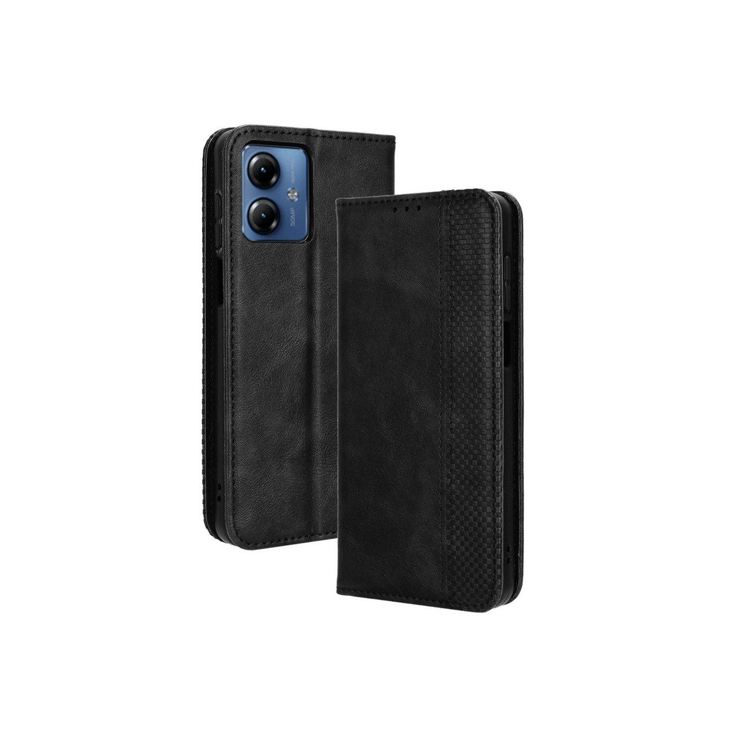 Motorola Moto G14 Stativ Telefonetui Fuld Beskyttelse Pung Cover - Sort