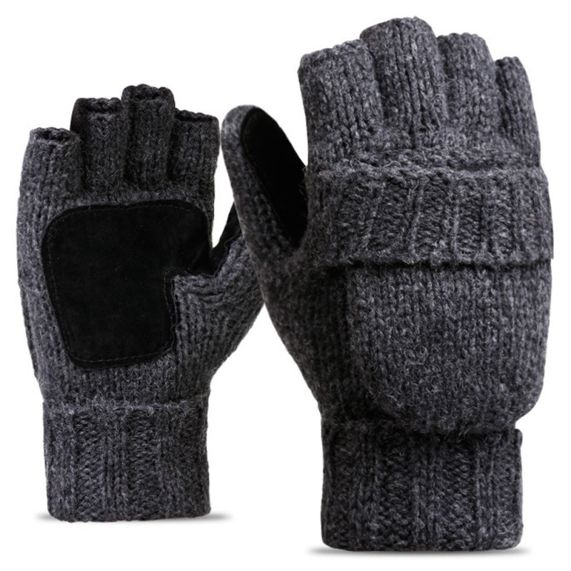 Unisex Mittens Warm Wool Gloves Half Finger Knitted Gloves Cover - Dark Grey