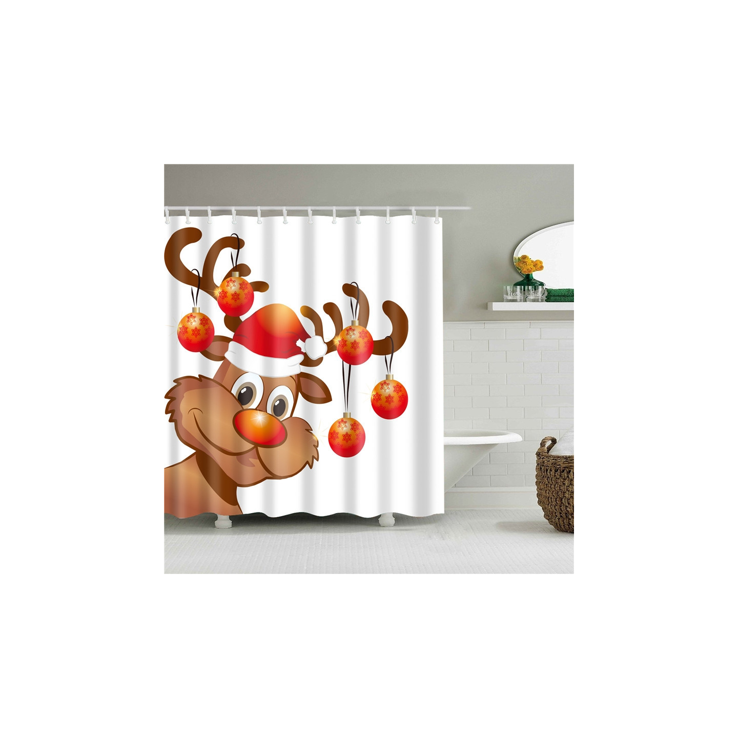 Badeforhæng Juleboligindretning - Ren med julemandshue