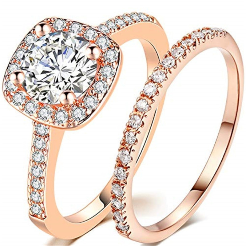 2 Rings Cubic Zirconia Stackable - Size 8 / Rose Gold
