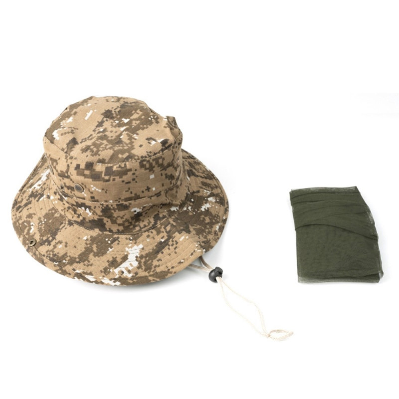 Camouflage bucket hat Cap with mosquito net camping fishing - Khaki