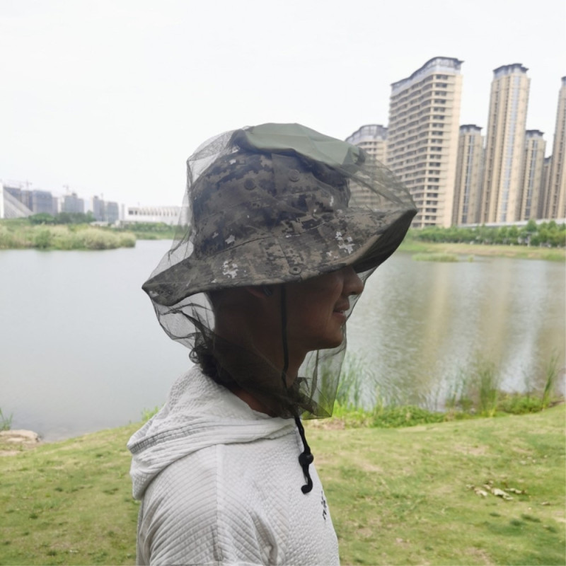 Camouflage bøttehatte med myggnett Campingfiske - Grønn