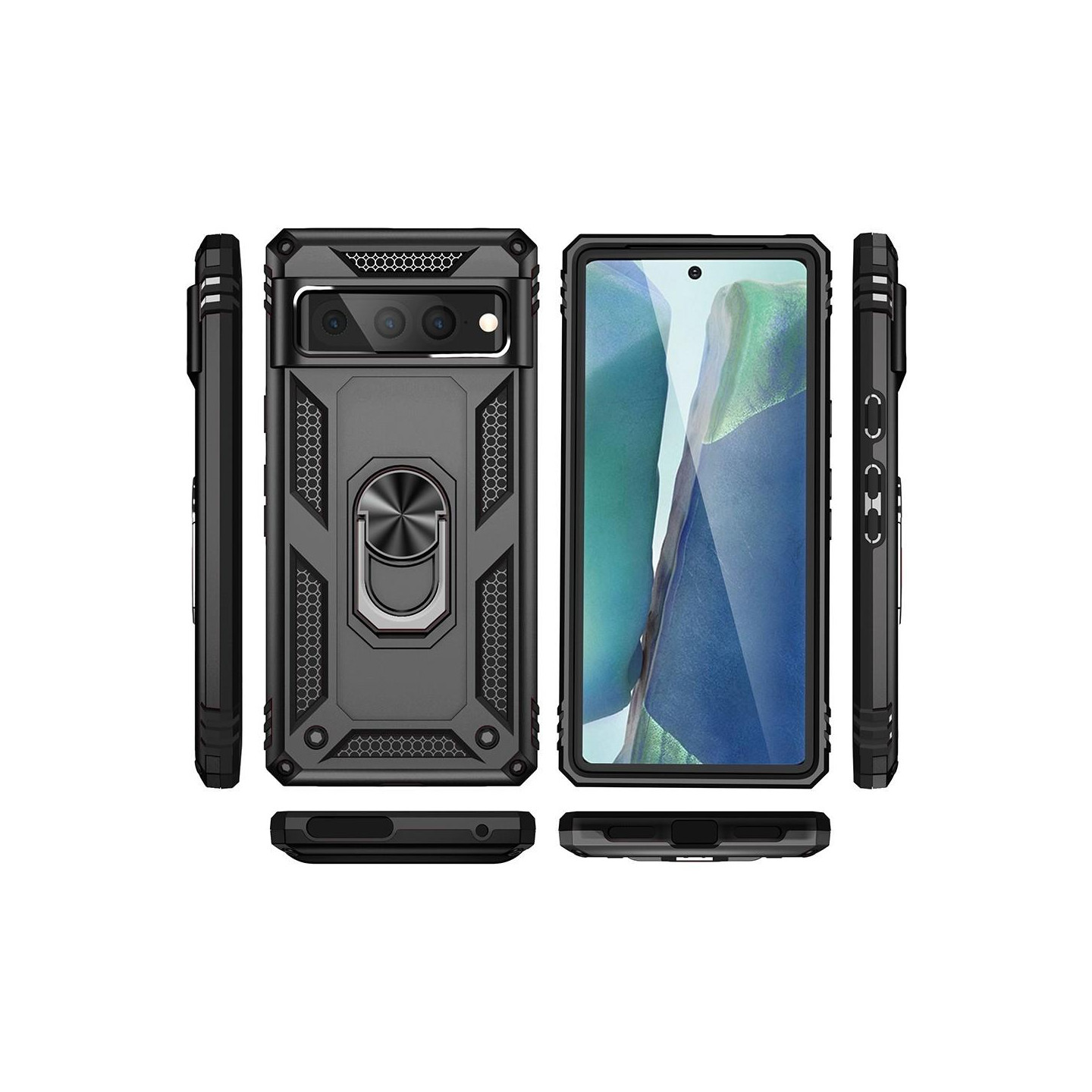 Google Pixel 7 Pro Shockproof TPU + PC Kickstand Phone Case Car Mount Metal Sheet - Black