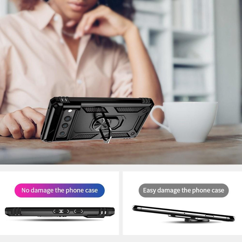 Google Pixel 7 Pro iskunkestävä TPU+PC Kickstand - puhelinkotelo autoteline metallilevy - musta