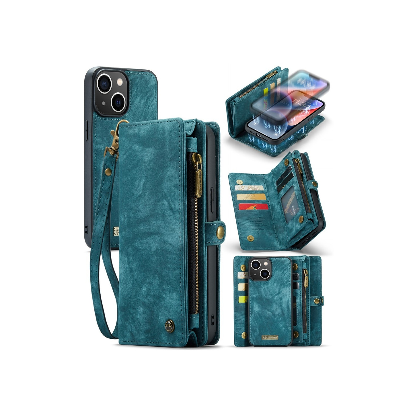 CASEME iPhone 15 Plus 2 - in - 1 lompakkopuhelimen kuori - sininen