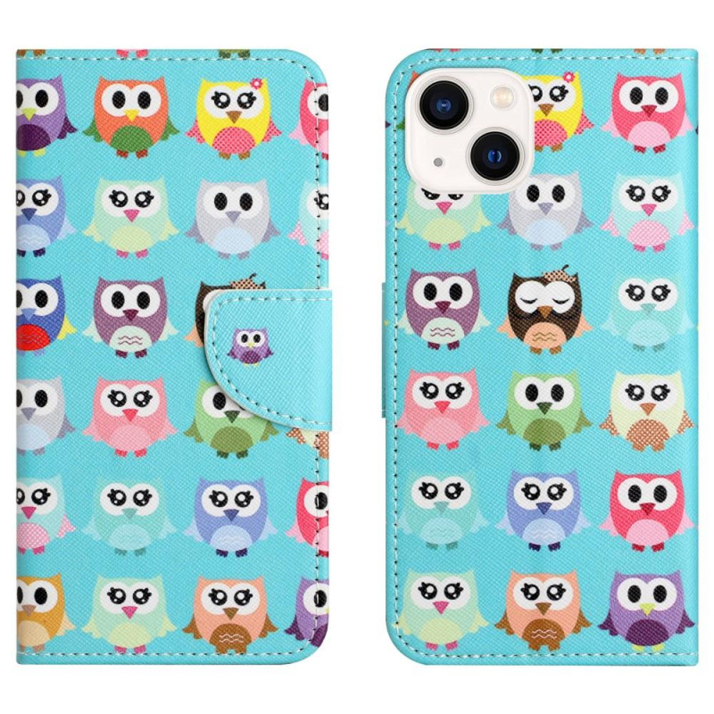 For iPhone 15 Wallet Stand Case Pattern Phone Cover - Owls