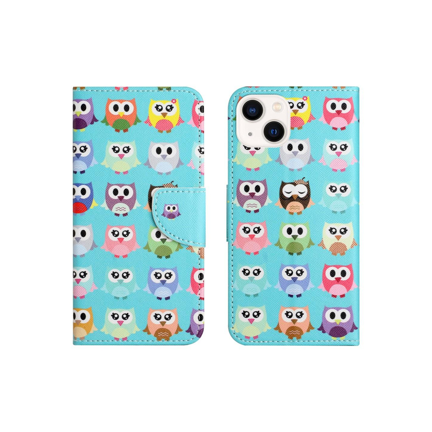 For iPhone 15 Wallet Stand Case Pattern Phone Cover - Owls