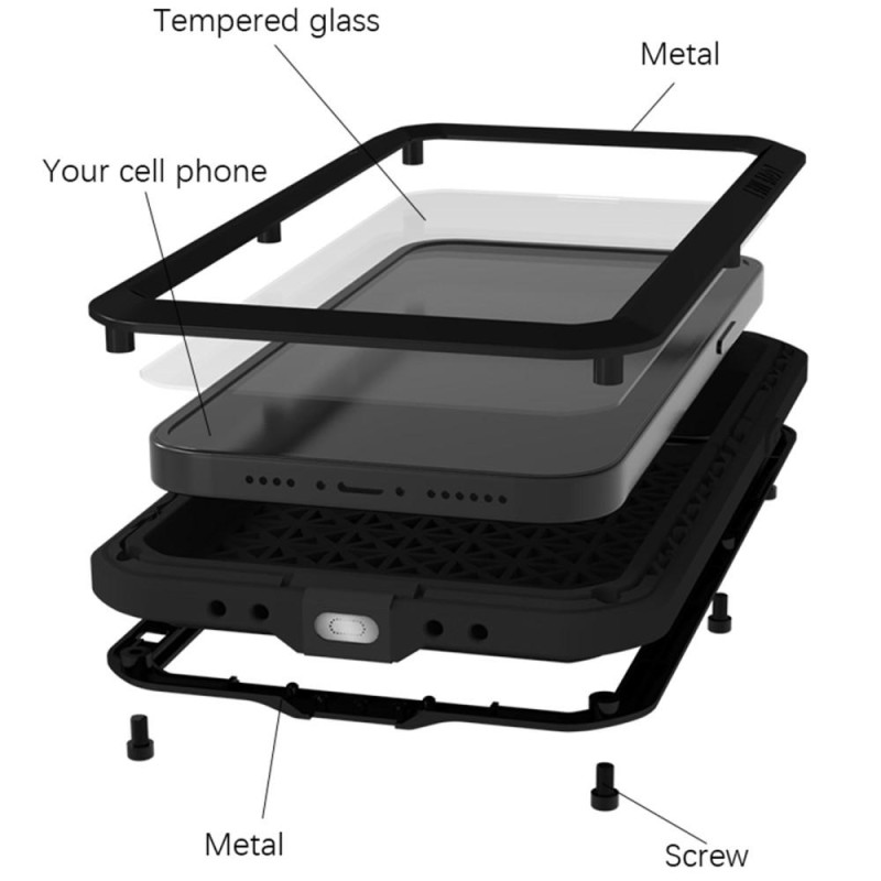 iPhone 14 Pro LOVE MEI kraftig støtsikkert deksel metall+silikon herdet glass