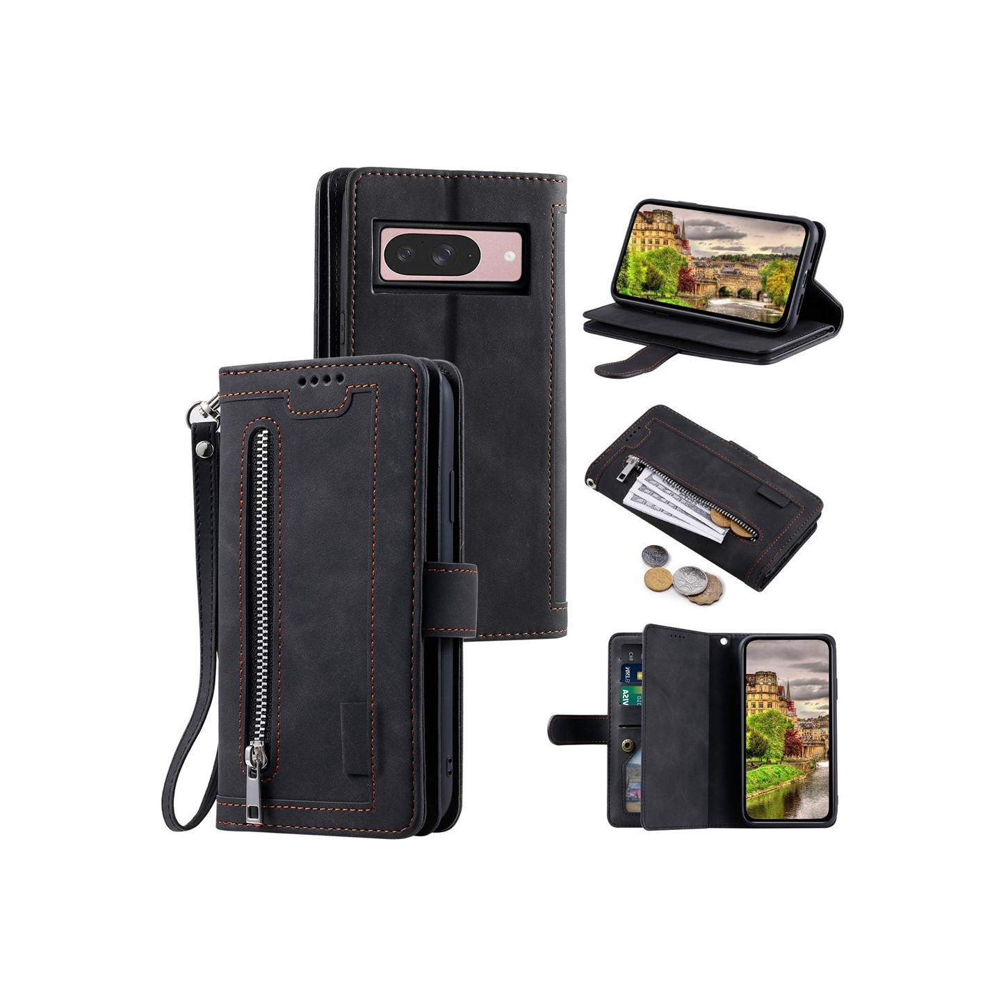 For Google Pixel 10 Pro / 10 / 9 Pro / 9 Case Zipper Pocket PU Leather Phone Cover with 9 Card Slots