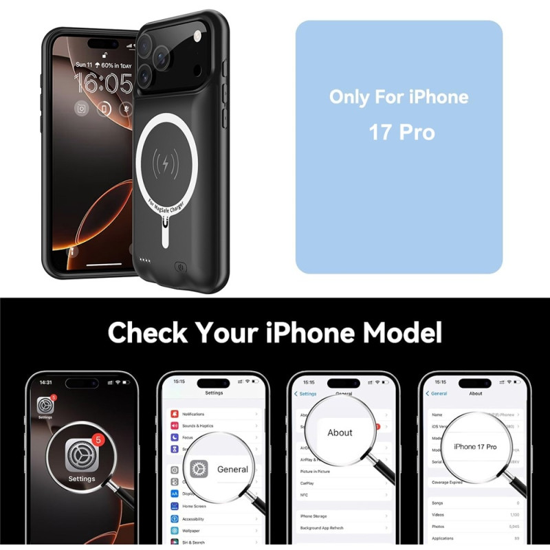 For iPhone 17 Pro 6000mAh Rechargeable Battery Shell Charging Case Powerbank