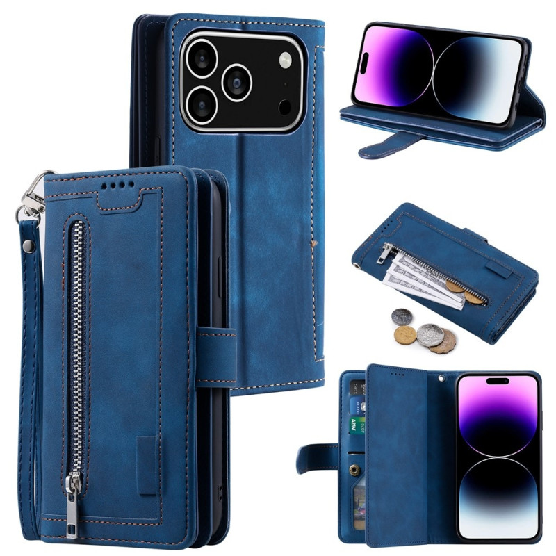For iPhone 17 Pro Case Zipper Pocket PU Leather Phone Cover with 9 Card Slots