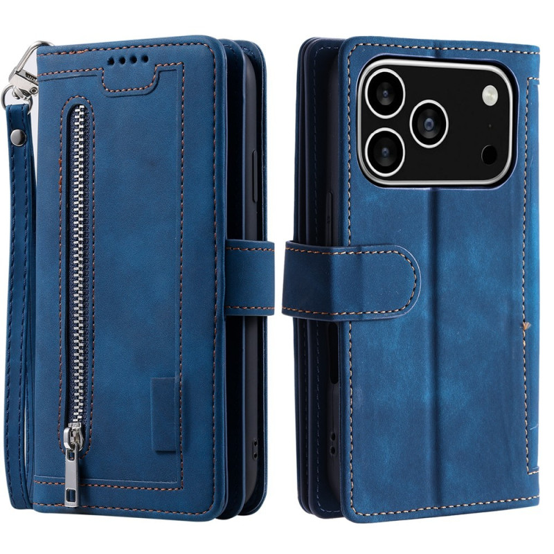 For iPhone 17 Pro Case Zipper Pocket PU Leather Phone Cover with 9 Card Slots