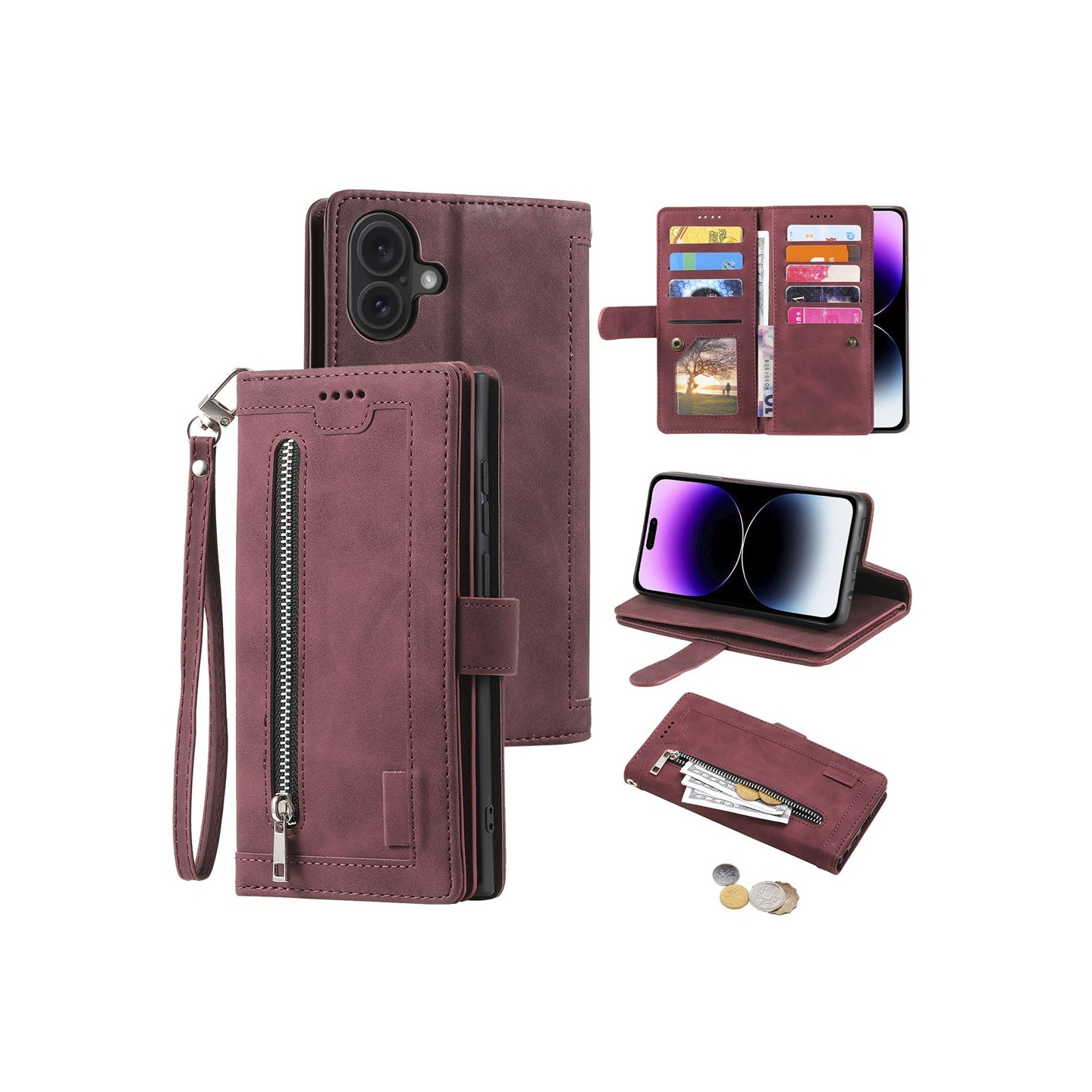 For iPhone 17 Case Zipper Pocket PU Leather Phone Cover with 9 Card Slots