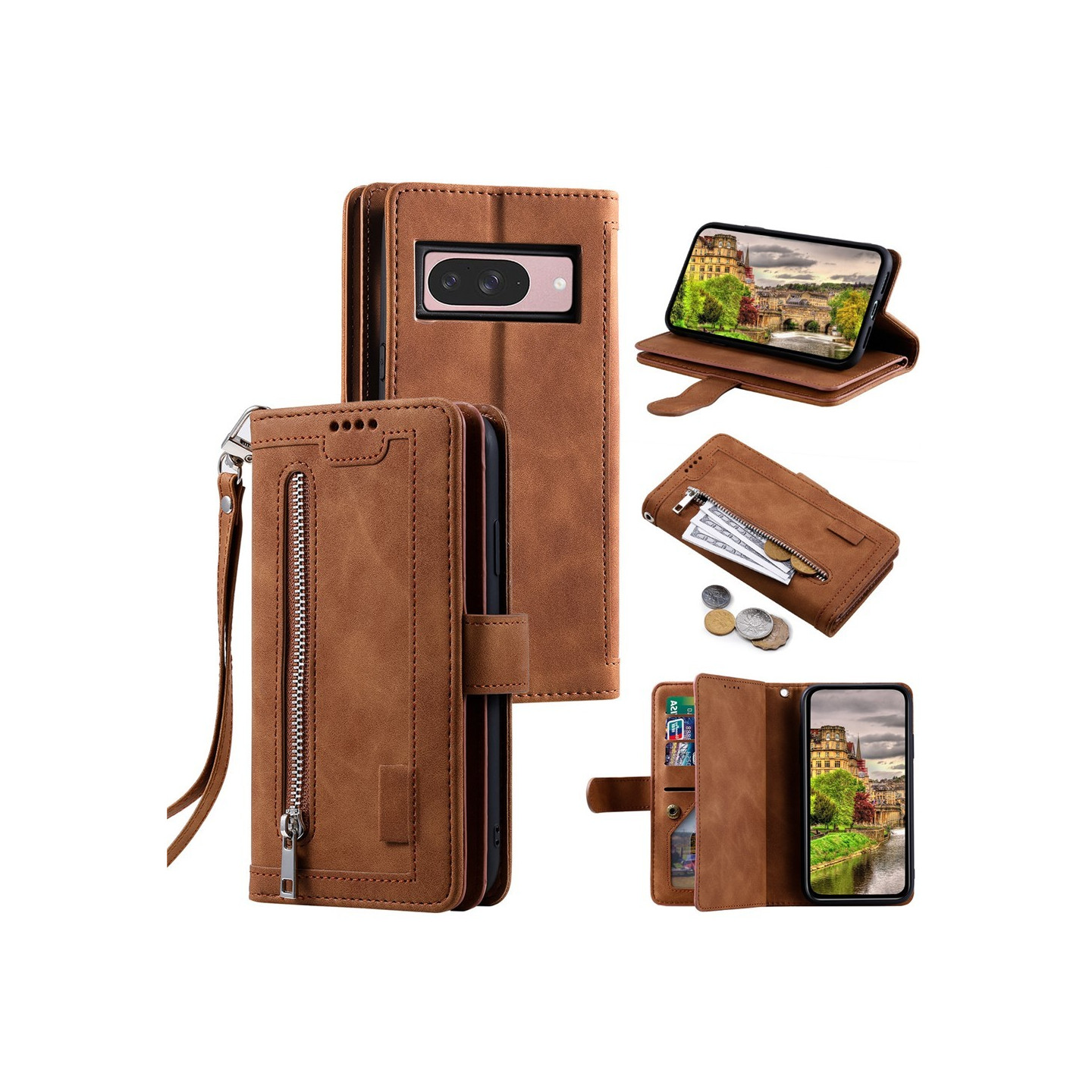 For Google Pixel 10 Pro / 10 / 9 Pro / 9 Case Zipper Pocket PU Leather Phone Cover with 9 Card Slots