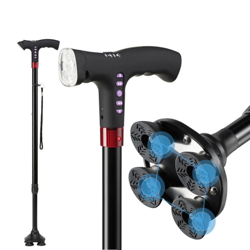 Adjustable Cane Walking Stick LED Light FM Radio MP3 Smart Safety Cane with Fall Alarm