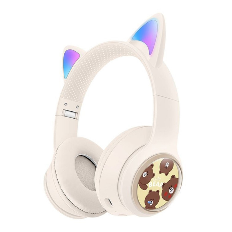 Trådløse On-Ear-hodetelefoner med glødende katteører og Bluetooth-spillhodesett – Kaki