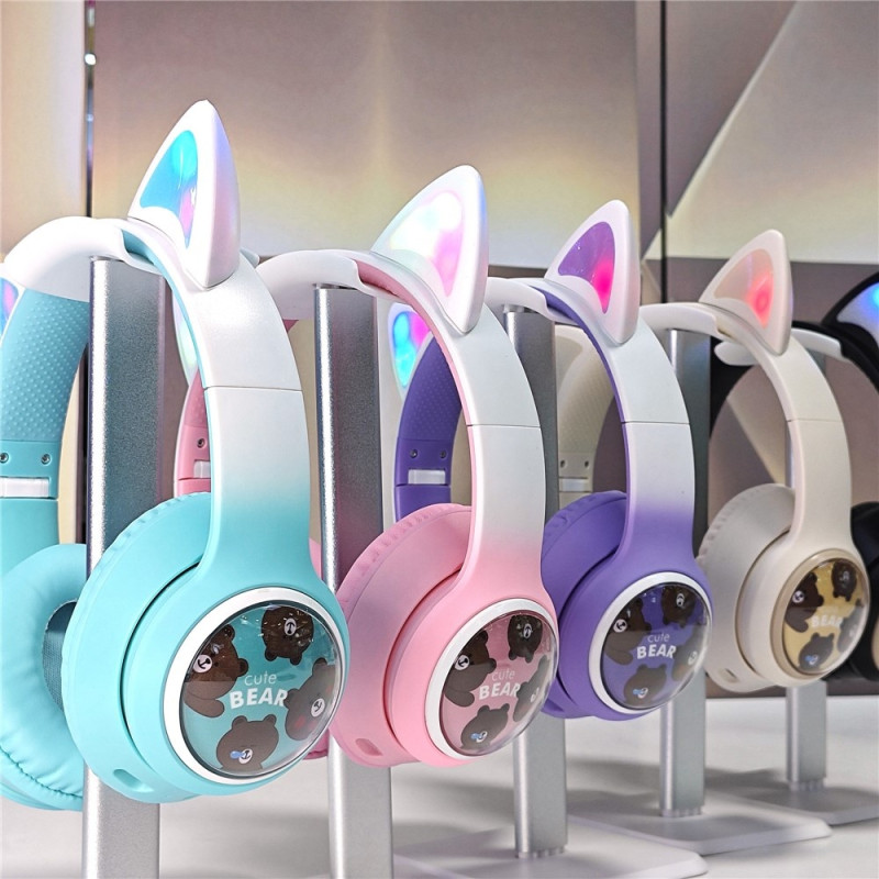 Trådløse On-Ear-hodetelefoner med glødende katteører og Bluetooth-spillhodesett – Kaki