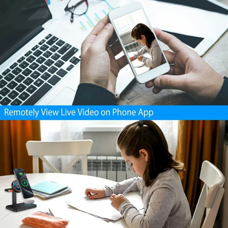 3-i-1 overvåkingskamera Kamera Magnetisk trådløs lader WiFi 1080P 15W