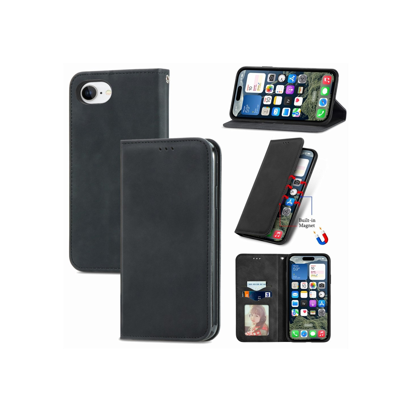 For iPhone 16e deksel med kortholder magnetisk absorberende telefondeksel - Svart