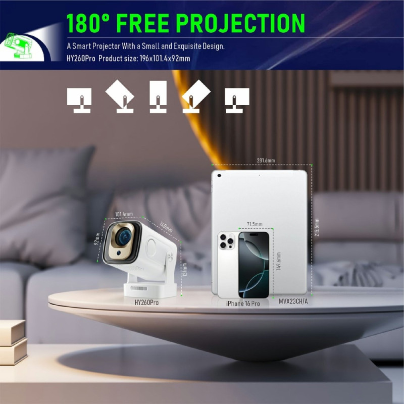 HY260 Pro-projektor 1GB+8GB Android 11.0 WiFi6 BT5.4 Hjemmekino 200 ANSI Lumen