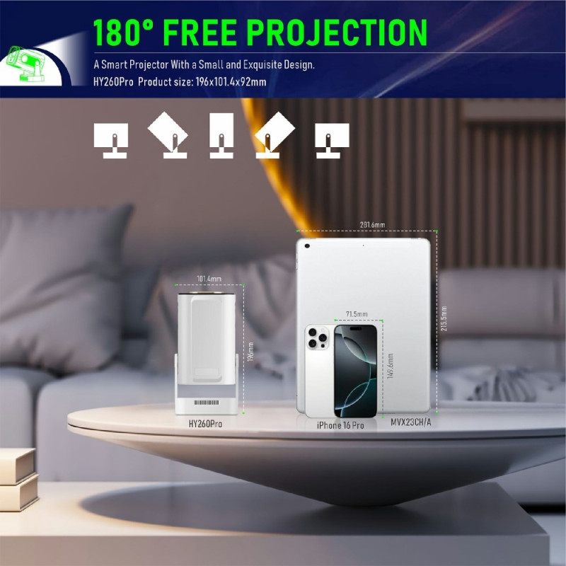 HY260 Pro Projektor 1GB+8GB Android 11.0 WiFi6 BT5.4 Hjemmebiograf 200 ANSI Lumen