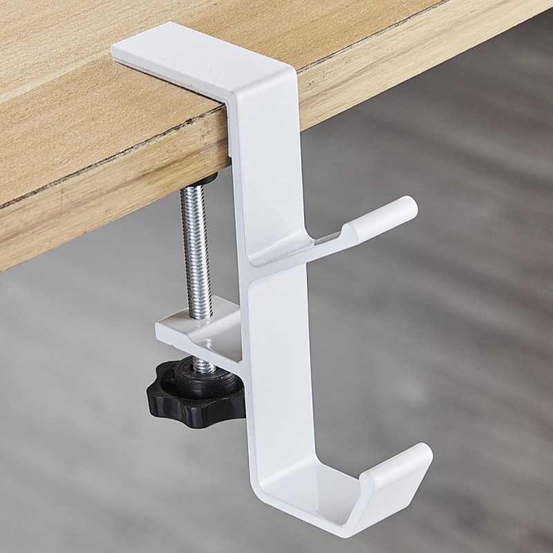 Desk Edge Hook Backpack Bag Headphone Hanger Under Table Storage - White