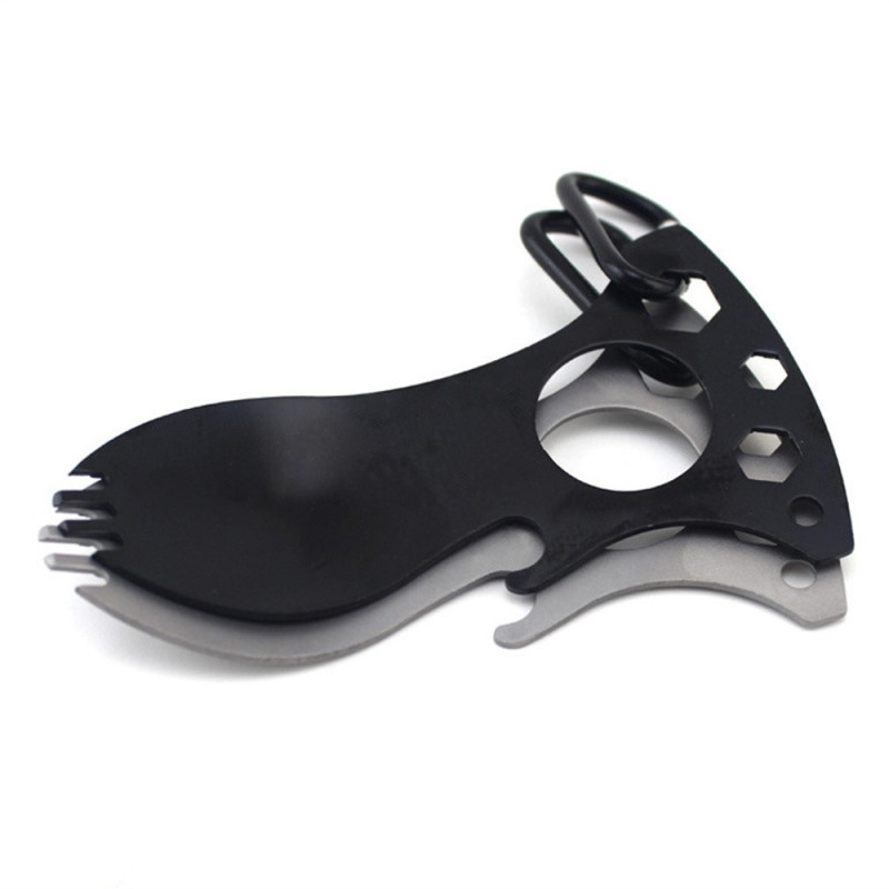 Multi-tool Camping Spoon Fork Bottle Opener Wrench Carabiner