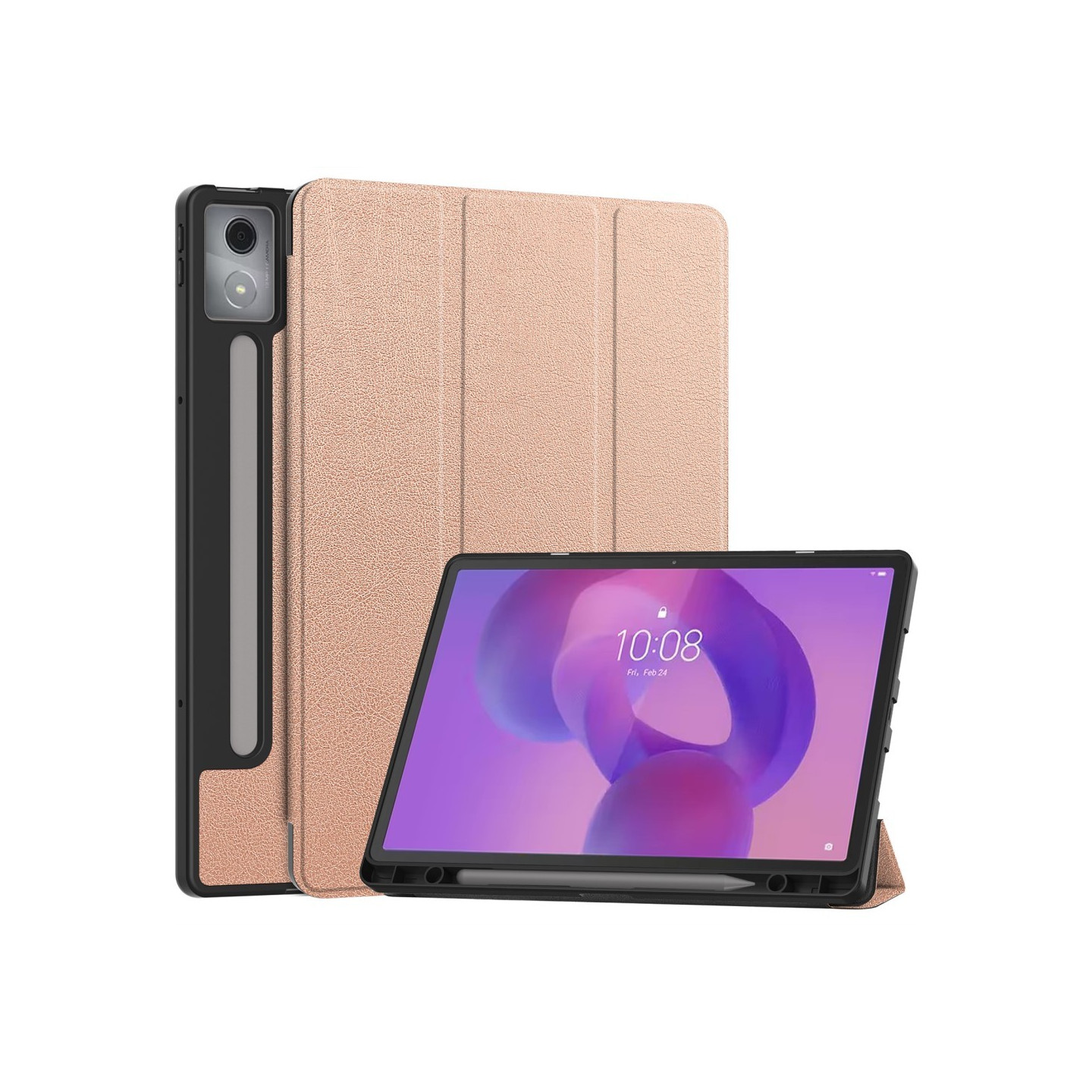For Lenovo Idea Tab Pro Case Tri-Fold Stand Cover with Pen Holder - Rose Gold