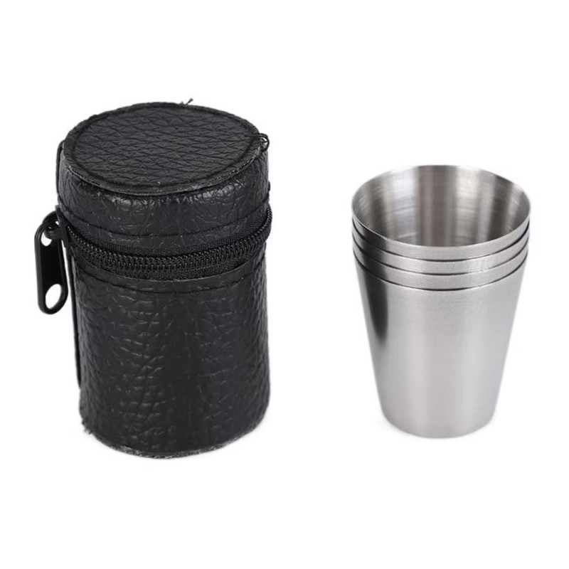 Rostfritt stål Shot Glas Snaps Glas Set 4 ST med Fodral för camping / picknick