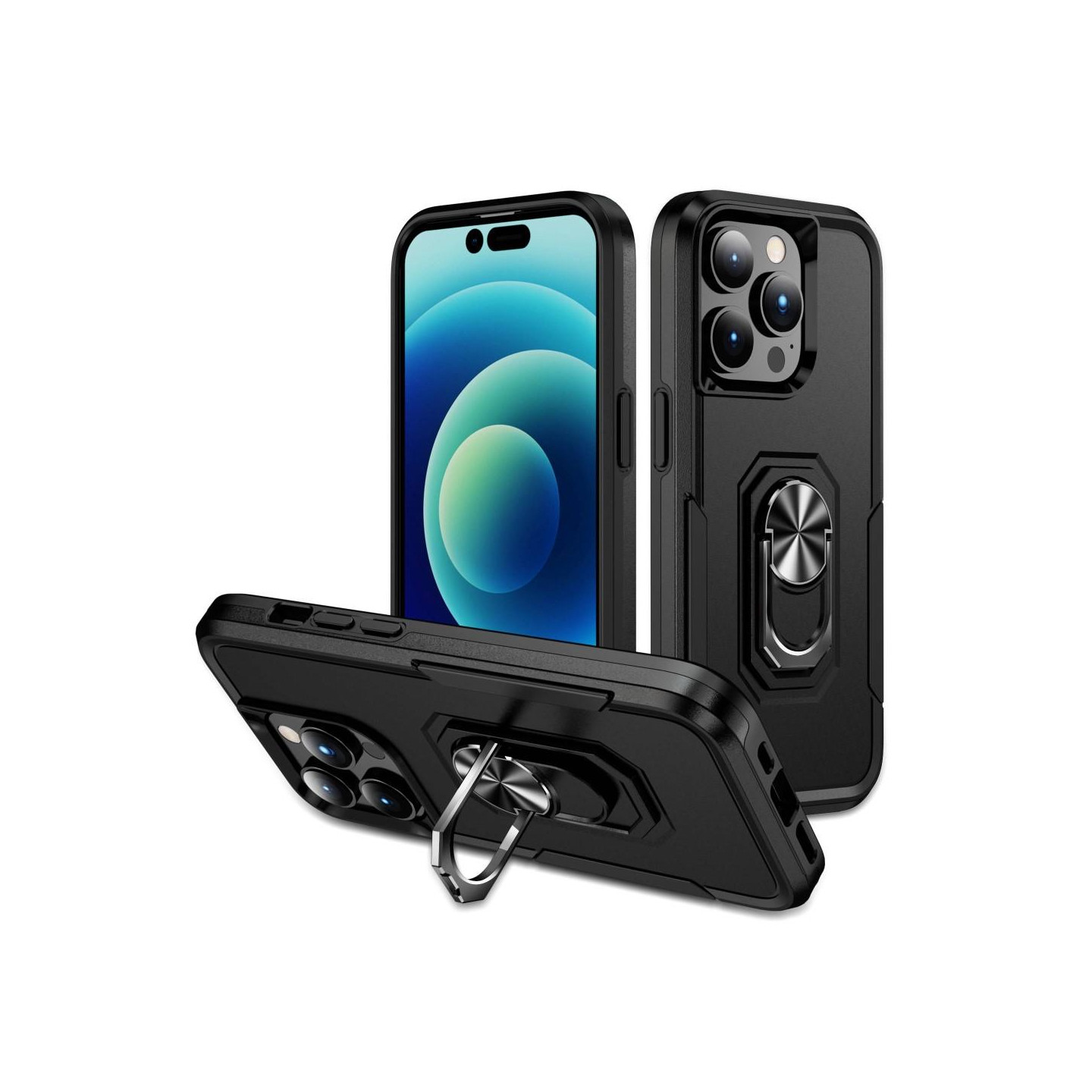 iPhone 14 Pro Max Shockproof TPU + PC Kickstand Phone Case Car Mount Metal Sheet - Black