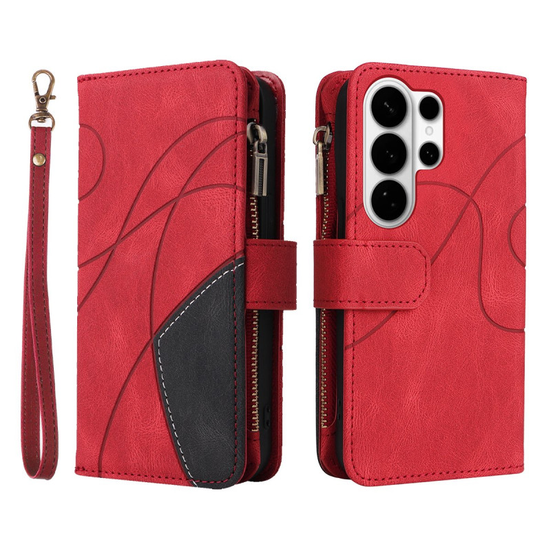 For Samsung Galaxy S26 Ultra Wallet Case with Zipper and Wrist Strap Stand - Red