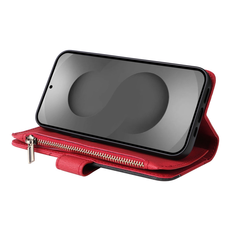 For Samsung Galaxy S26 Ultra Wallet Case with Zipper and Wrist Strap Stand - Red